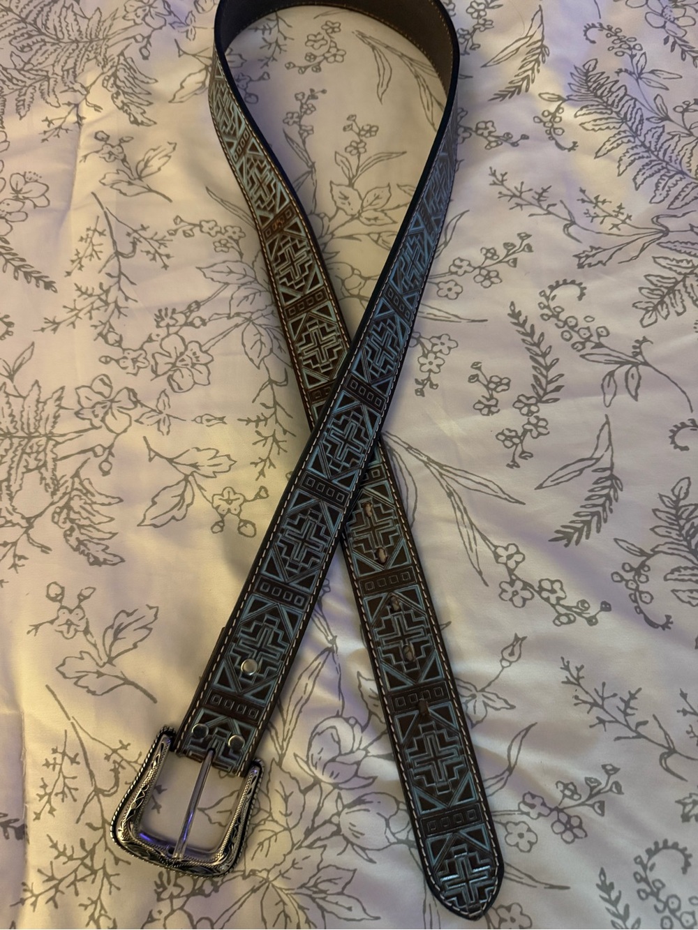 Embossed Geometric Leather Belt - Blue/Brown